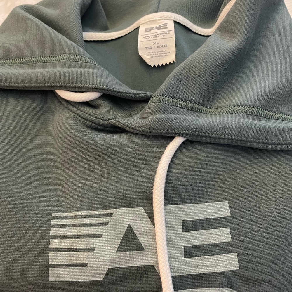 AE men’s Logo Hoodie in Dusty Green with White Drawstrings